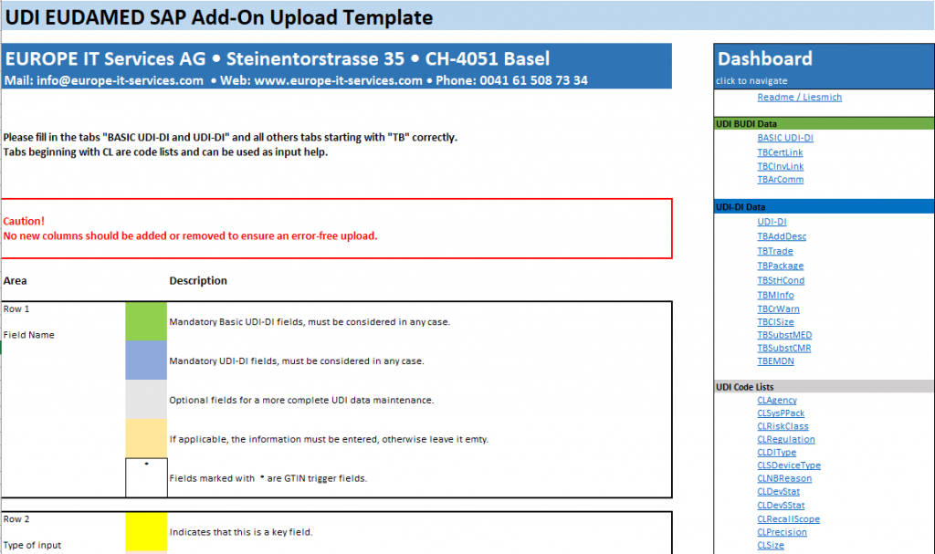 EUDAMED MDR / IVDR Excel Template mit allen UDI Feldern