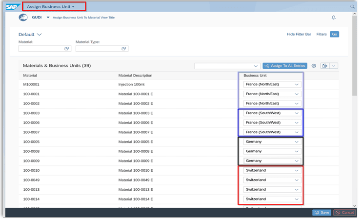 Assigning SAP materials to business units in Global UDI SAP Add-on