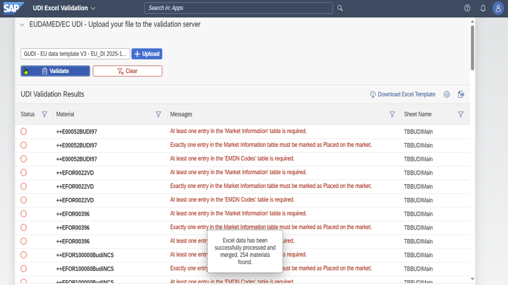 EUDAMED UDI Excel-Datei im Validator hochladen und validieren