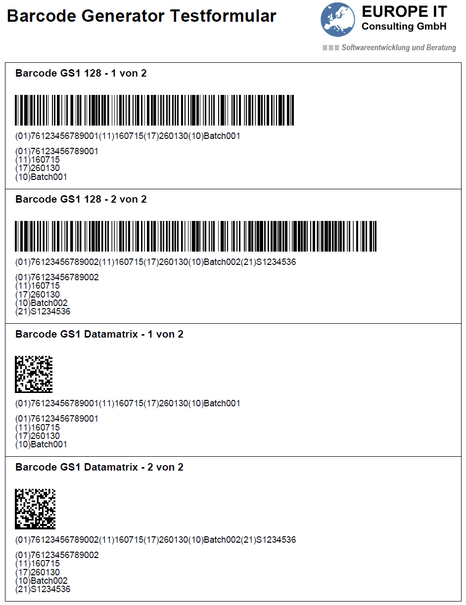 GS1 barcode test form for SAP label printing