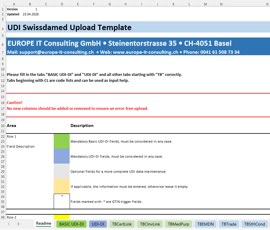 Startblatt der swissdamed Excel-Vorlage von Europe IT Consulting