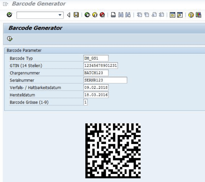Giriş alanlarını ve barkod önizlemesini gösteren GS1 Barkod Oluşturucu SAP test programı