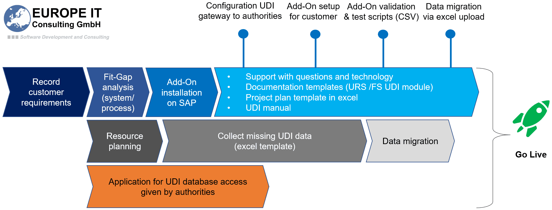 Ablauf einer UDI-Einführung in SAP: Anforderungen, Installation, Validierung, Datenmigration und Go-live